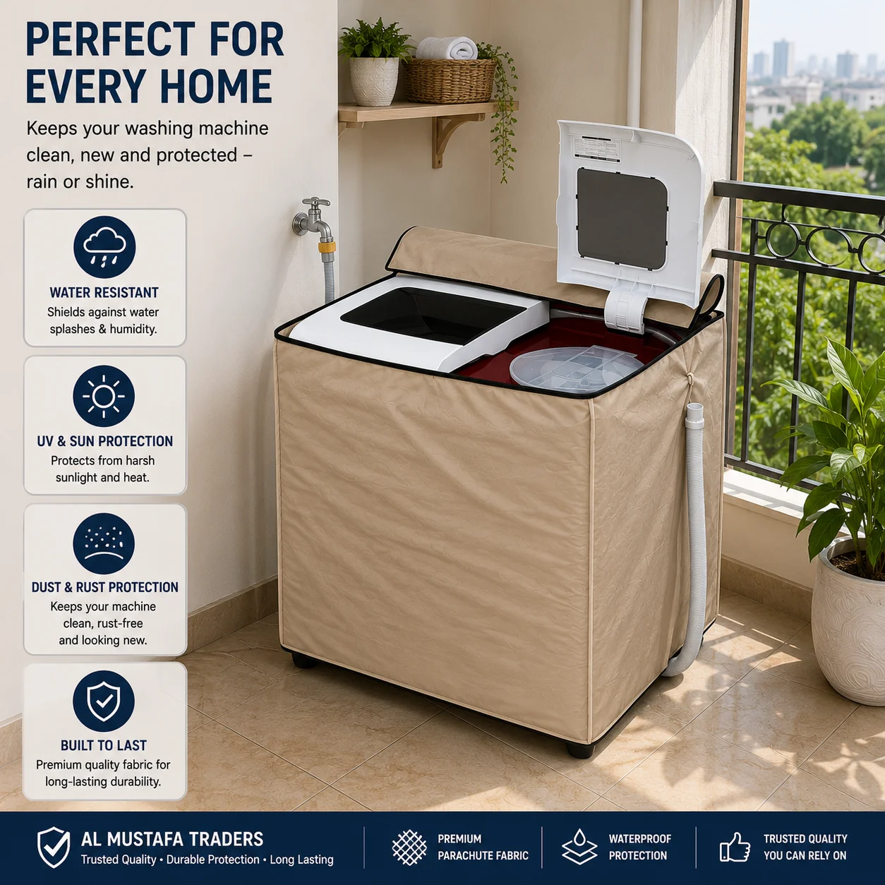 Twin tub washing machine protected by beige waterproof cover on an outdoor balcony
