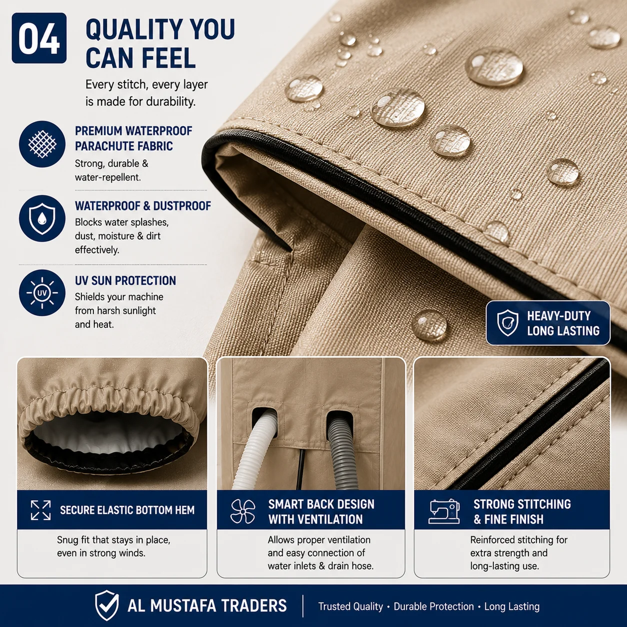 Close-up of waterproof parachute fabric, reinforced stitching, secure elastic hem, and hose ventilation openings