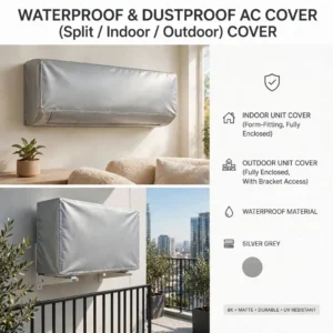 Waterproof dustproof AC cover features indoor unit cover form fitting fully enclosed outdoor unit cover fully enclosed with bracket access waterproof material silver grey color