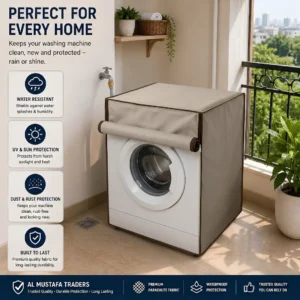 Front load washing machine protected by a tan parachute cover in an outdoor balcony setting.