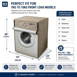 Size chart showing 40 inch height, 24 inch width, and 24 inch depth for front load washing machine cover.
