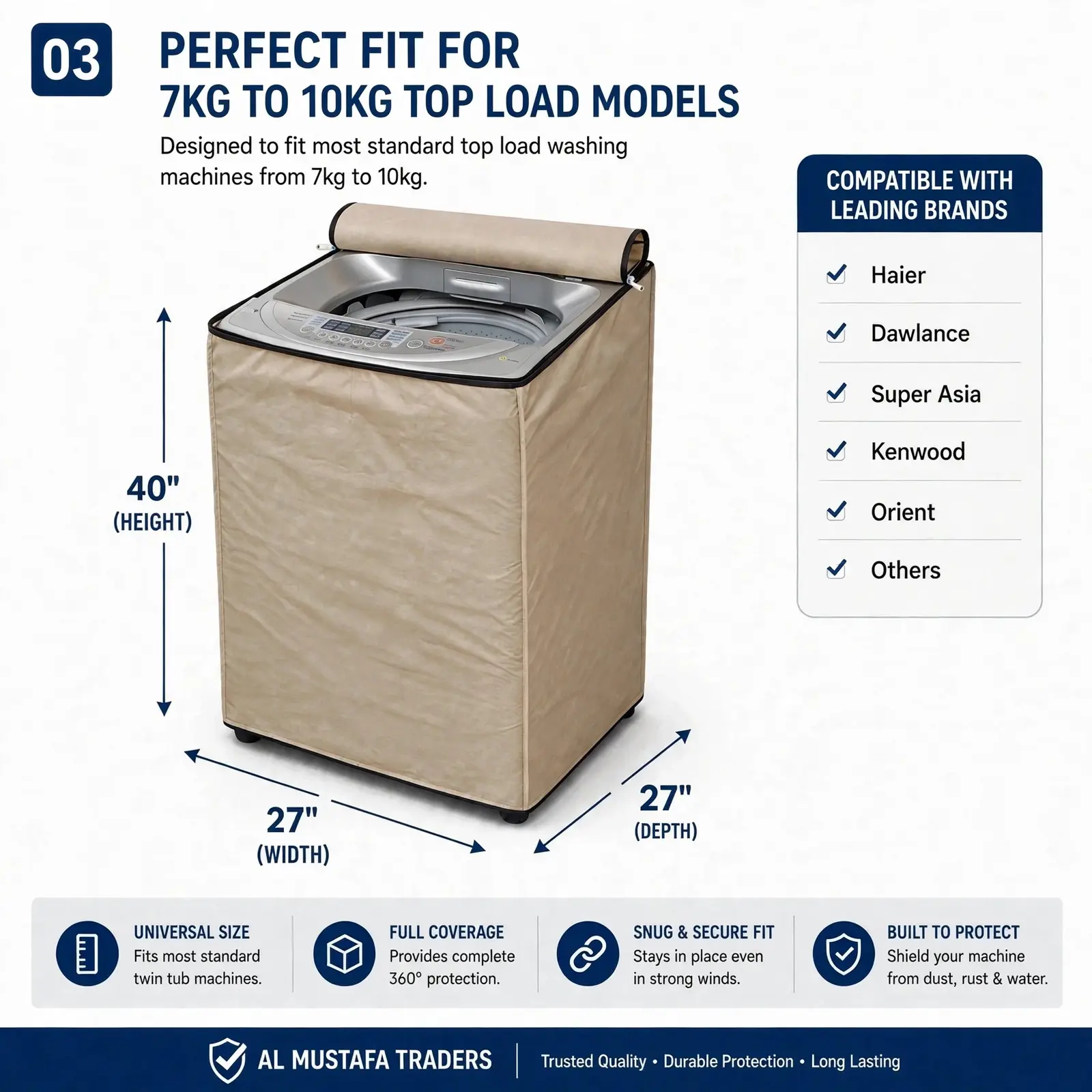 Top load washing machine cover 11kg to 15kg dimensions 27 width x 27 depth x 40 height inch - perfect fit for Haier Dawlance