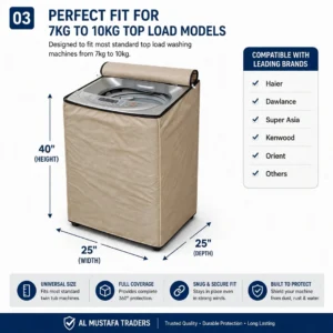 Size chart 40 height 25 width 25 depth inch for 7kg to 10kg top load washing machine cover