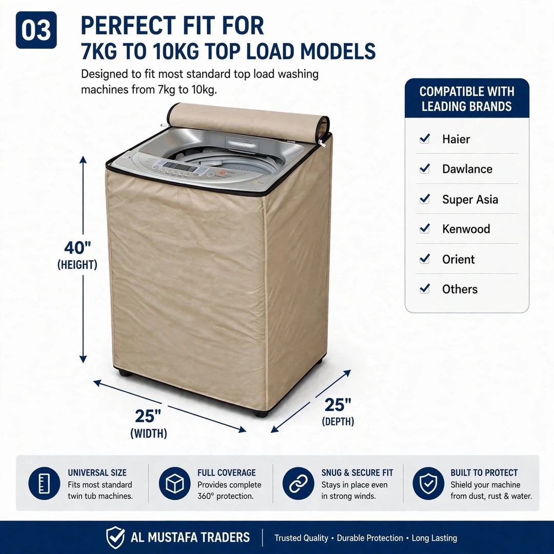 Size chart 40 height 25 width 25 depth inch for 7kg to 10kg top load washing machine cover