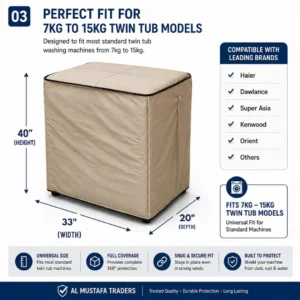 Size chart for twin tub washing machine cover measuring 40 inches height, 33 inches width, and 20 inches depth