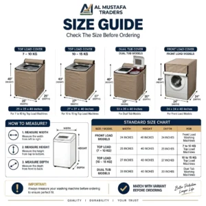 Waterproof washing machine cover size guide chart showing dimensions for top load, front load, and dual tub models by Al Mustafa Traders.