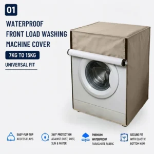 : Waterproof tan parachute cover fitted over a front load washing machine with rolled-up door flap.