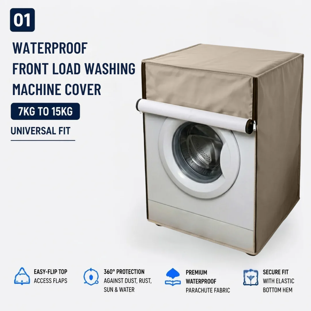 : Waterproof tan parachute cover fitted over a front load washing machine with rolled-up door flap.