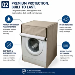 Features breakdown of waterproof parachute front load washing machine cover with UV and rust protection.