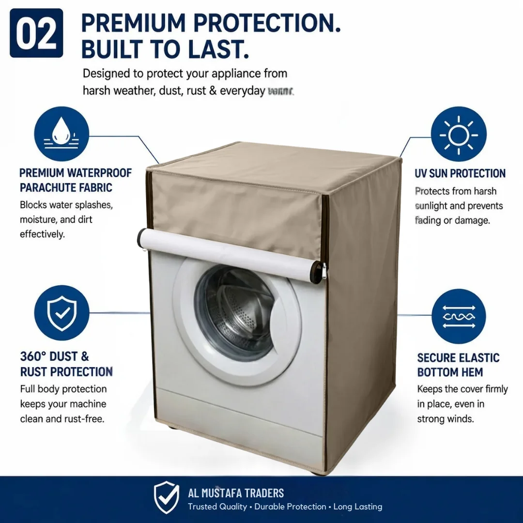 Features breakdown of waterproof parachute front load washing machine cover with UV and rust protection.