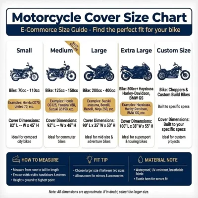 Motorcycle cover size chart showing small 70cc to 110cc, medium 125cc to 150cc, large 200cc to 400cc, extra large 800cc and custom sizes