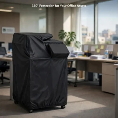 Black protective cover installed on office photocopier machine