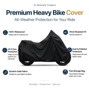 Black premium heavy bike cover on motorcycle with six protection features displayed around it