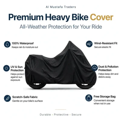 Black premium heavy bike cover on motorcycle with six protection features displayed around it
