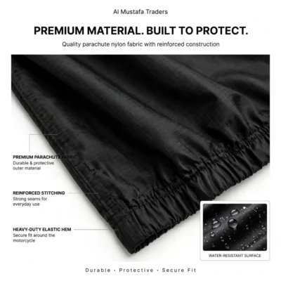 Close-up of premium black parachute nylon ripstop fabric showing reinforced stitching and elastic hem with water beading detail